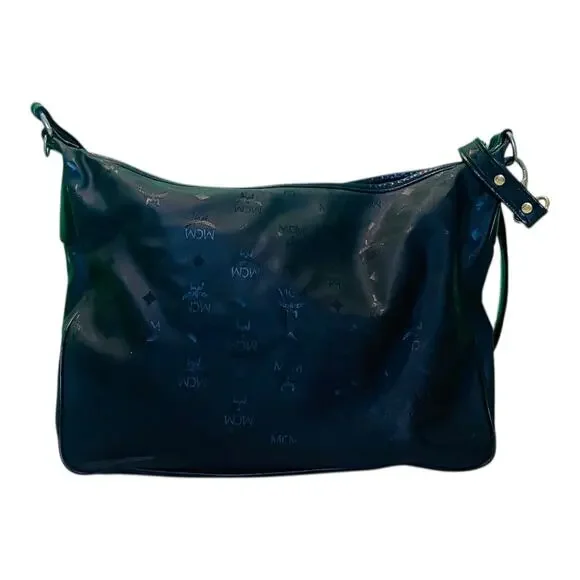 Vintage MCM Womens Goldware Logo Black Leather Shoulder Hobo Purse Bag